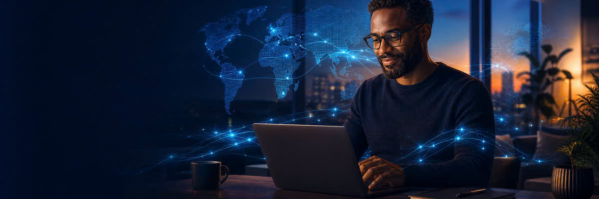Professionnel africain travaillant sur ordinateur portable avec carte du monde connectée en arrière-plan