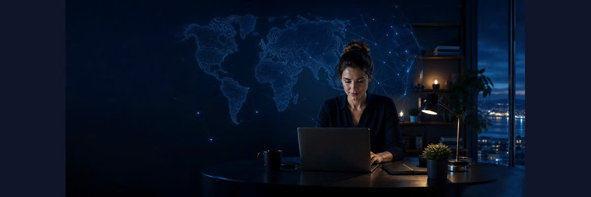 Professionnelle travaillant sur ordinateur portable avec carte du monde en arrière-plan
