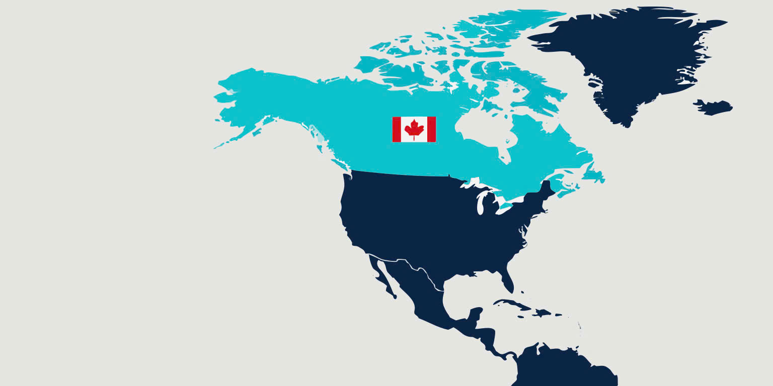 Map of North America with Canada highlighted and Canadian flag