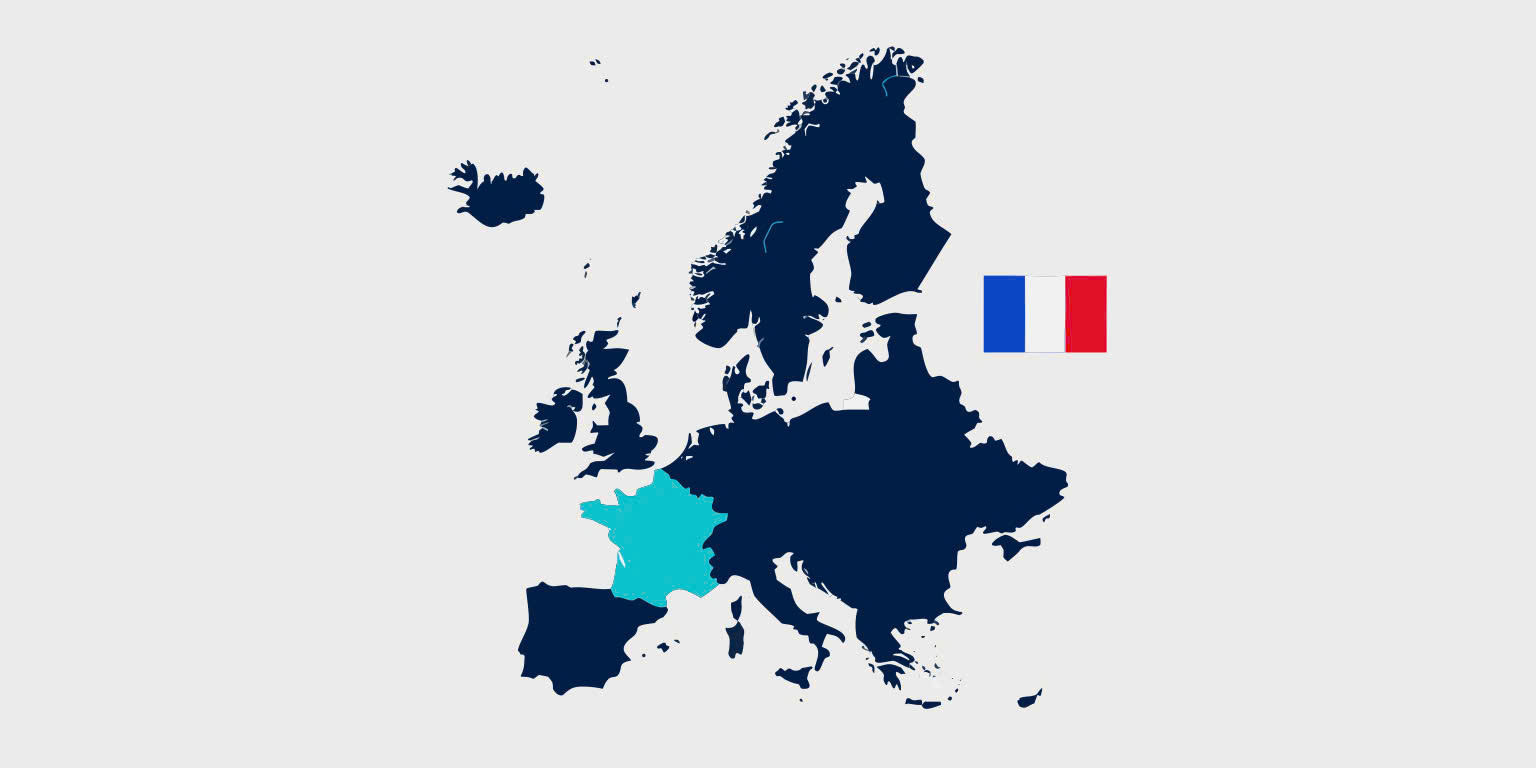 Map of Europe with France highlighted and French flag