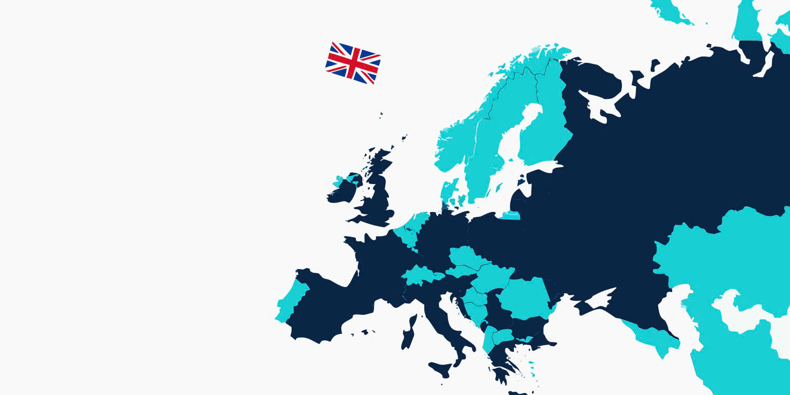 Map of Europe with UK highlighted and British flag