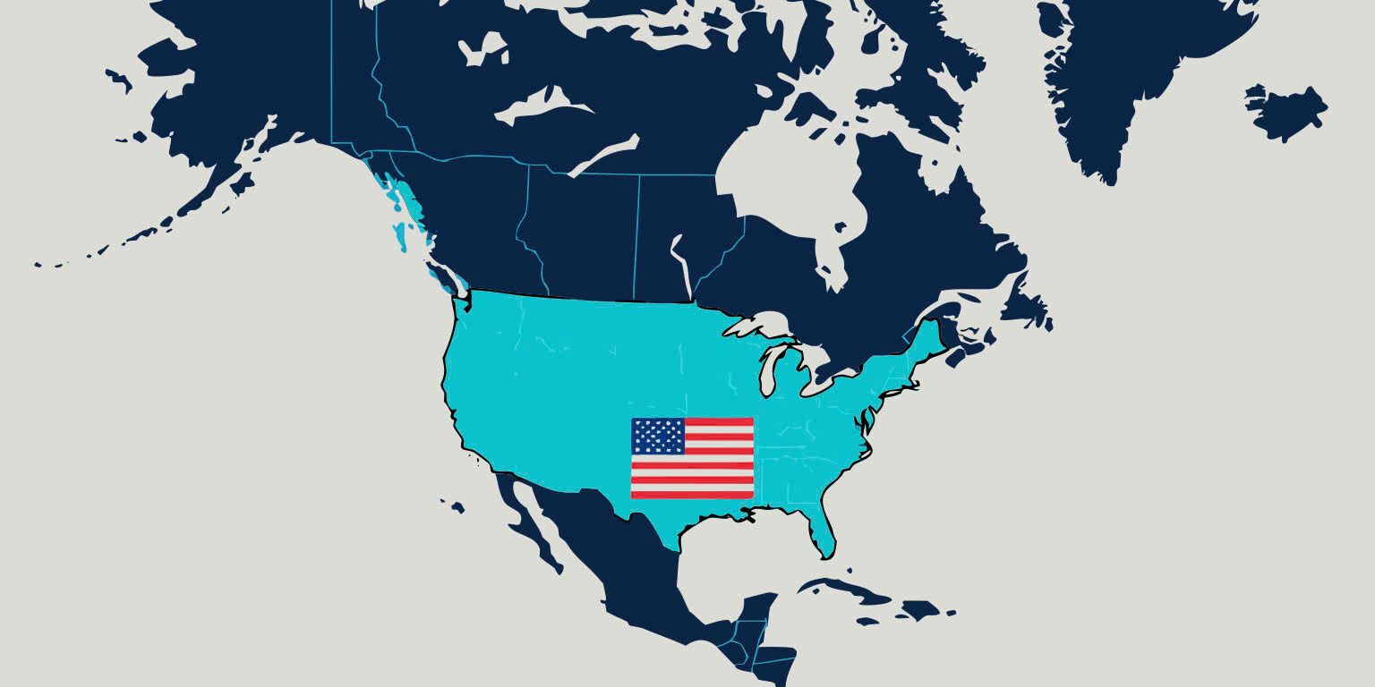 Map of North America with USA highlighted and American flag