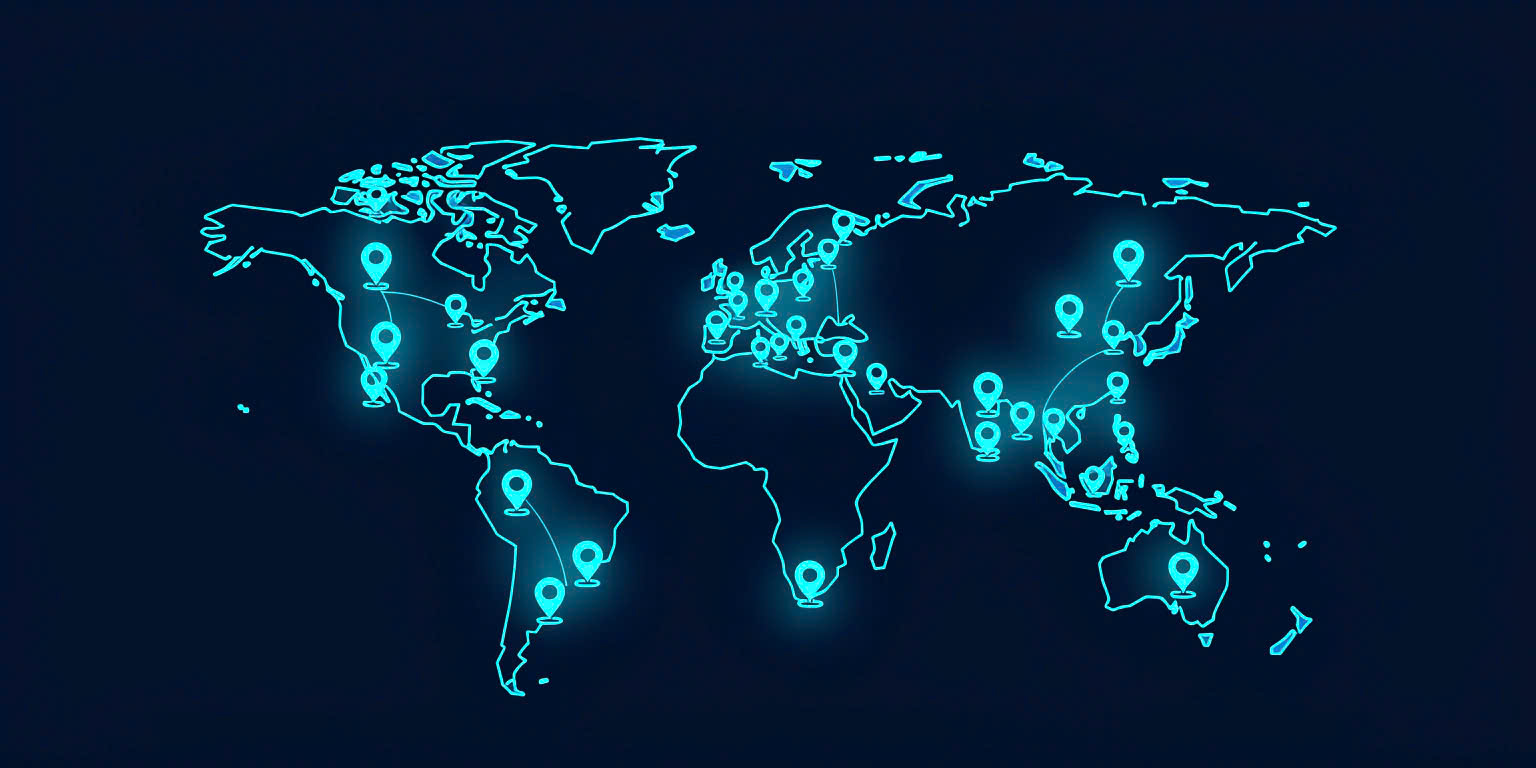 Glowing world map with cyan location pins connected across all continents — global remote hiring network