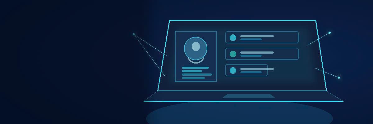 Laptop displaying a schematic professional profile with photo, headline and skill fields — LinkedIn optimization for international jobs