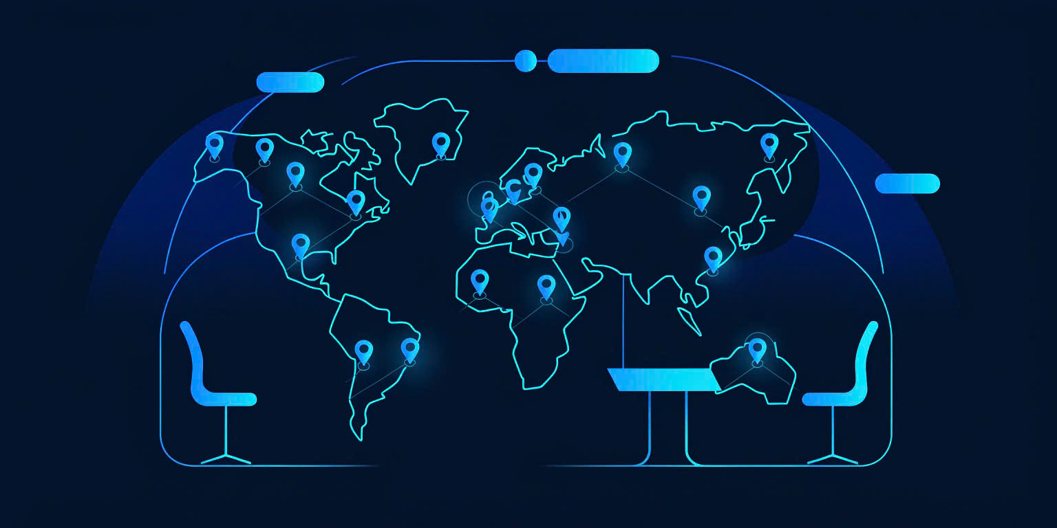 Carte du monde avec épingles de localisation cyan et bureaux virtuels de part et autre — recruter des talents remote à l'international