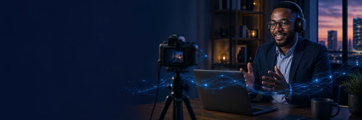Professional in suit with headset, laptop and camera on tripod — remote interview setup