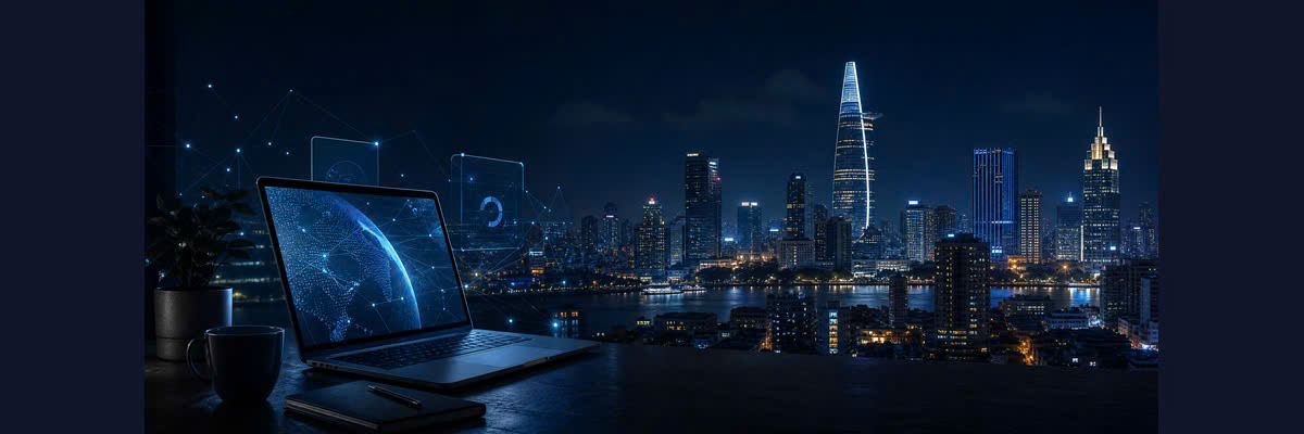 Laptop with Ho Chi Minh City skyline — remote work from Vietnam