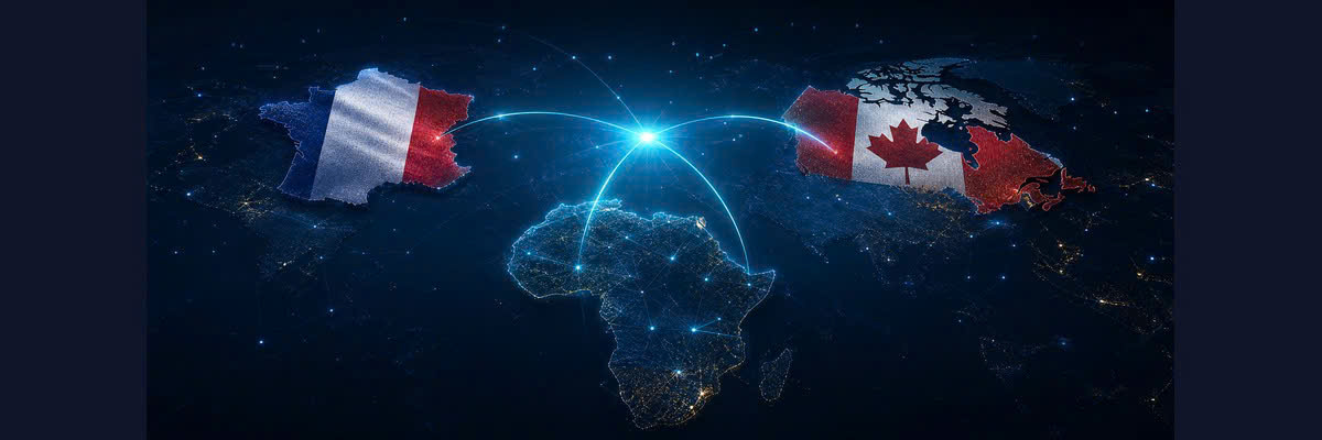 France and Canada flags connected to Africa by glowing arcs — Francophone remote job market