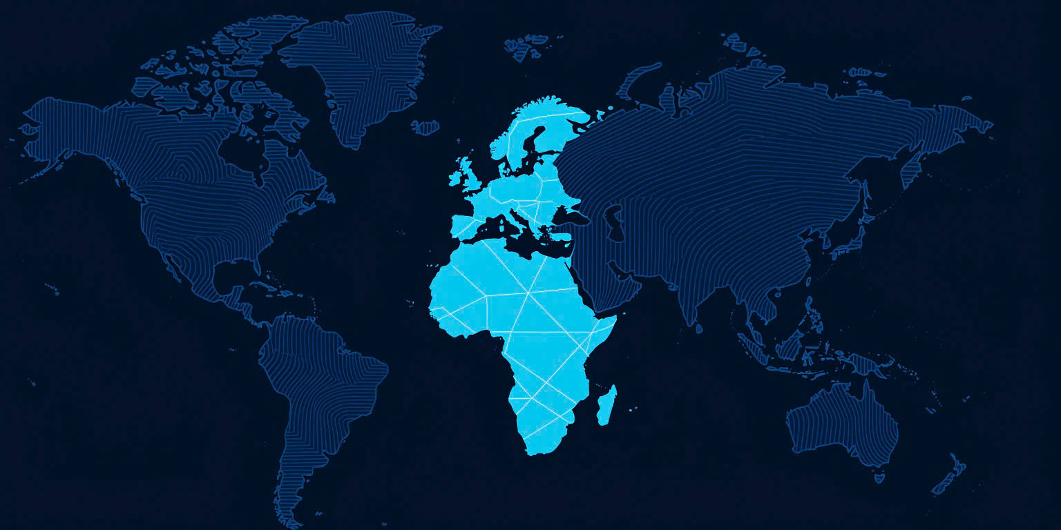 Planisphère avec Afrique et Europe illuminées en cyan et lignes de connexion — télétravail international francophone 2026